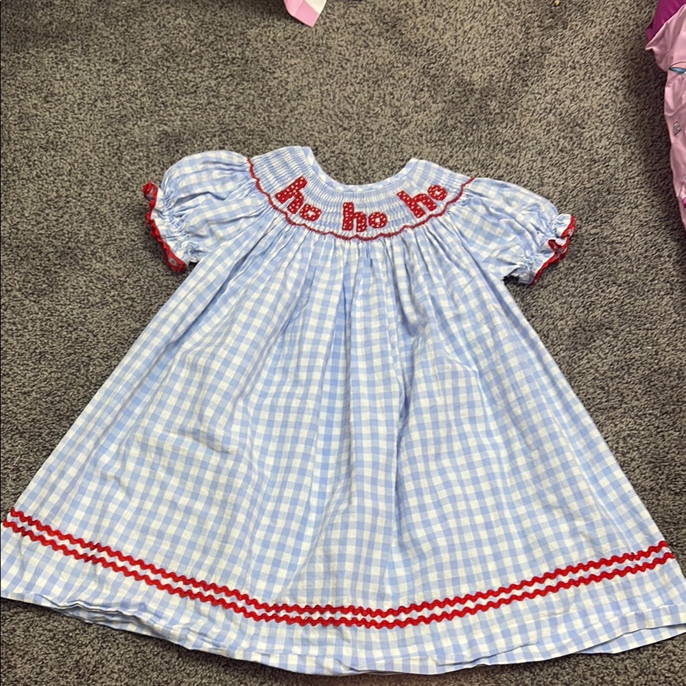 Blue and White Gingham Cecil and Lou Smocked Dress with Red Trim